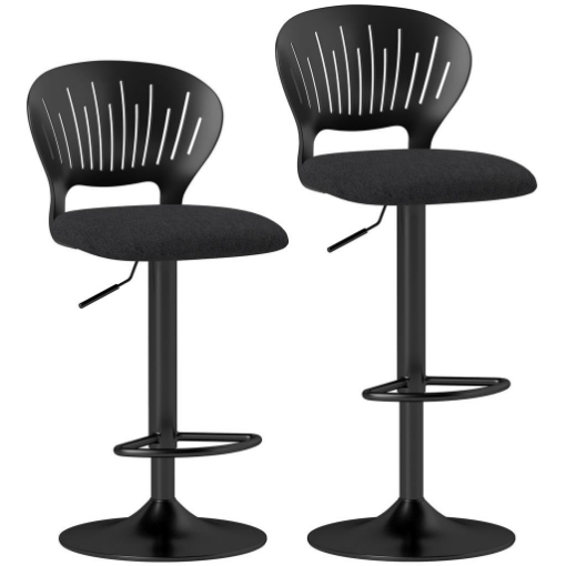 SET 2 SGABELLI DA BAR TRASPIRANTI IN TESSUTO EFFETTO LINO E METALLO CON POGGIAPIEDI, 40.5X43X84-105 CM, NERO