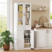 CREDENZA CUCINA CON 2 ARMADIETTI E UN CASSETTO, MENSOLE REGOLABILI E ANTE IN VETRO, 60X35X180 CM, BIANCO