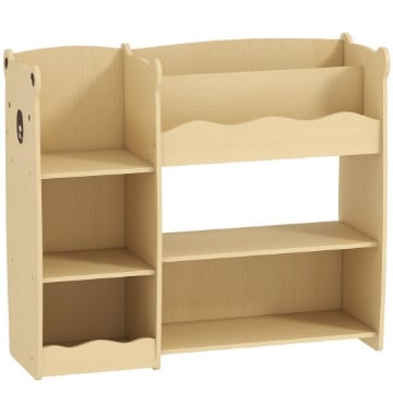 SCAFFALE PORTAGIOCHI PER BAMBINI 3-8 ANNI CON RIPIANI APERTI E SCOMPARTI, IN LEGNO, 92X29X79 CM, COLOR LEGNO