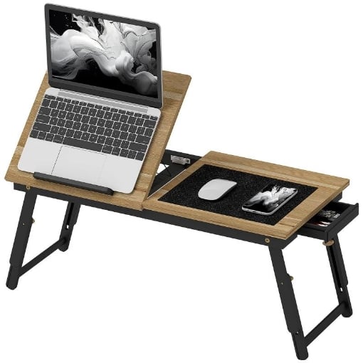 SUPPORTO MONITOR INCLINABILE E REGOLABILE CON CASSETTO LATERALE IN LEGNO 86X33X22.5-32 CM ROVERE E NERO