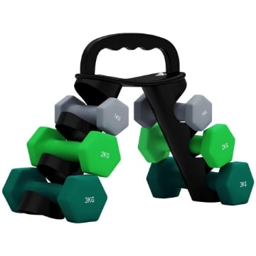 SET 6 MANUBRI PESI (2X1 KG, 2X2 KG, 2X3 KG) DA 12 KG CON SUPPORTO/KETTLEBELL, IN METALLO E PLASTICA MULTICOLORE