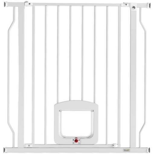 CANCELLO PER CANI E GATTI ESTENSIBILE CON GATTAIOLA INTEGRATA, IN ACCIAIO E ABS, 75-85X2X76 CM, BIANCO