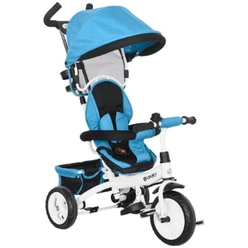 TRICICLO PER BAMBINI CON MANIGLIONE 6 IN 1, TETTUCCIO REGOLABILE E CINTURA DI SICUREZZA, ETÓ 1-5 ANNI, BLU