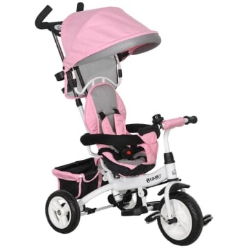 TRICICLO PER BAMBINI CON MANIGLIONE 6 IN 1, TETTUCCIO REGOLABILE E CINTURA DI SICUREZZA, ETÓ 1-5 ANNI, ROSA