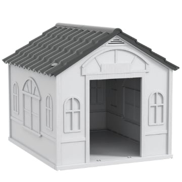 CASETTA PER CANI IN PP IMPERMEABILE CON TETTO INCLINATO E PORTA DI INGRESSO, 65X75.7X63 CM, GRIGIO