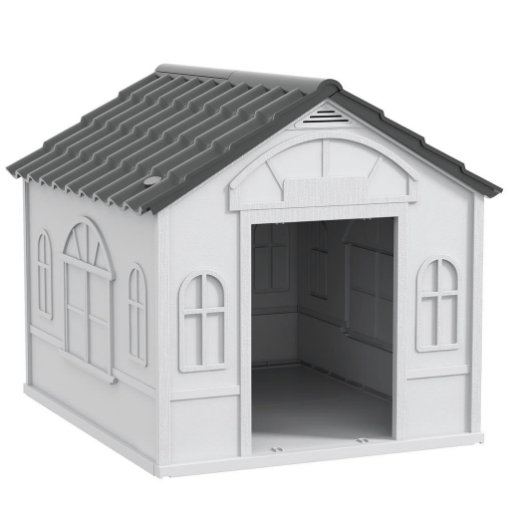 CASETTA PER CANI IN PP IMPERMEABILE CON TETTO INCLINATO E PORTA DI INGRESSO, 65X75.7X63 CM, GRIGIO