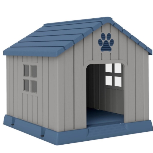 CASETTA PER CANI TAGLIA MEDIA DA ESTERNO IMPERMEABILE CON BASE RIALZATA E FINESTRE, 85X79X82 CM, GRIGIO
