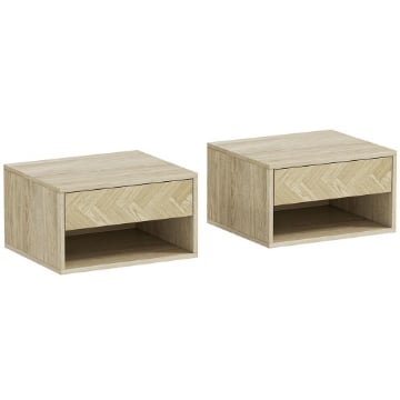 SET DI 2 COMODINI SOSPESI MODERNI CON CASSETTO E VANO APERTO, 37X32X21 CM, LEGNO NATURALE