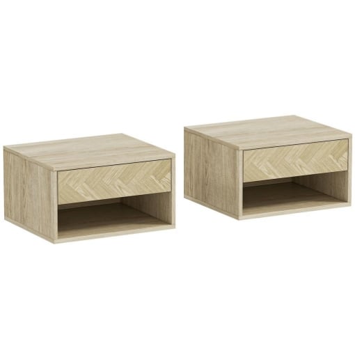 SET DI 2 COMODINI SOSPESI MODERNI CON CASSETTO E VANO APERTO, 37X32X21 CM, LEGNO NATURALE