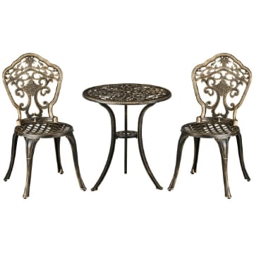 SET DA ESTERNO 3PZ IN ALLUMINIO CON 2 SEDIE DA GIARDINO E TAVOLINO ROTONDO CON FORO PER OMBRELLONE, BRONZO