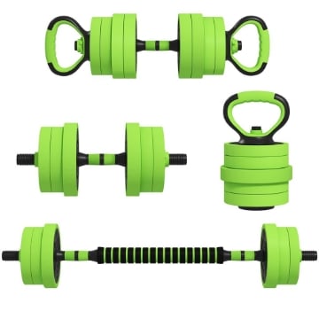 SET PESI DA PALESTRA 4 IN 1 DA 20KG, CONVERTIBILE IN KETTLEBELL, 2 MANUBRI, BILANCIERE E SUPPORTO FLESSIONI, VERDE