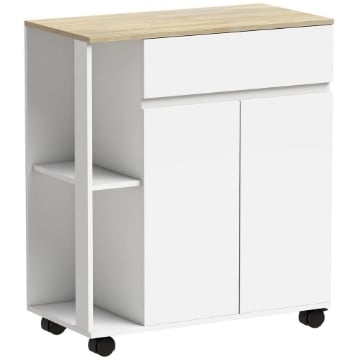 CARRELLO CUCINA CON CASSETTO, ARMADIETTO E 2 RIPIANI LATERALI, IN LEGNO, 78X39.5X88.5 CM, BIANCO E ROVERE