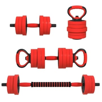 SET PESI DA PALESTRA 4 IN 1 DA 30KG, CONVERTIBILE IN KETTLEBELL, 2 MANUBRI, BILANCIERE E SUPPORTO FLESSIONI, ROSSO