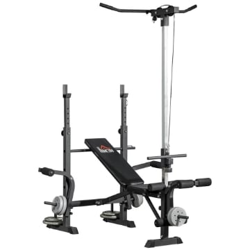 PANCA FITNESS CON LEG PRESS, SQUAT RACK E LEG EXTENSION, IN ACCIAIO E PU, 180X134X200 CM, NERO E ARGENTO