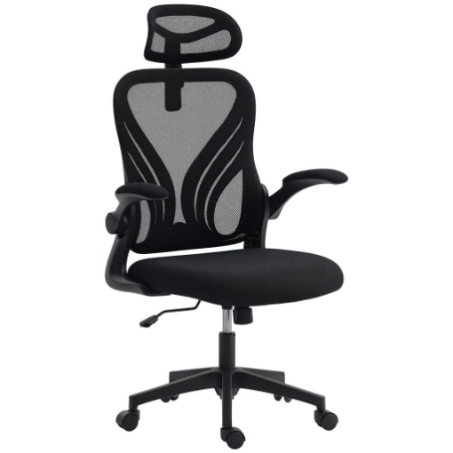 SEDIA DA UFFICIO ERGONOMICA CON BRACCIOLI RIBALTABILI, SUPPORTO LOMBARE E POGGIATESTA REGOLABILE, NERO