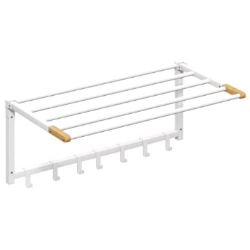 PORTASCIUGAMANI A PARETE PIEGHEVOLE CON 5 BARRE E 6 GANCI IN LEGNO E ACCIAIO, 60X32.5X20 CM, BIANCO