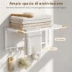 PORTASCIUGAMANI A PARETE PIEGHEVOLE CON 5 BARRE E 6 GANCI IN LEGNO E ACCIAIO, 60X32.5X20 CM, BIANCO