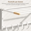 PORTASCIUGAMANI A PARETE PIEGHEVOLE CON 5 BARRE E 6 GANCI IN LEGNO E ACCIAIO, 60X32.5X20 CM, BIANCO