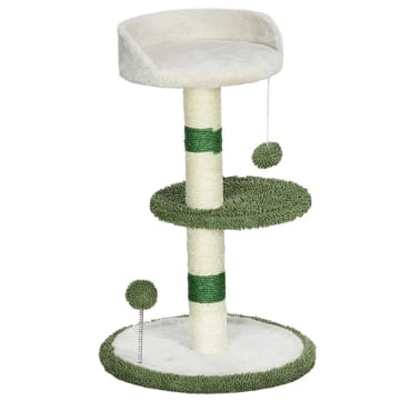 ALBERO TIRAGRAFFI CON LETTINO PER GATTI, 2 PALLINE, PIATTAFORMA E PALO IN SISAL, VERDE E BIANCO