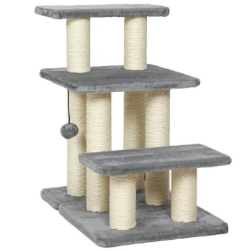 SCALETTA PER CANI E GATTI CON 3 SCALINI IN PELUCHE E PALI TIRAGRAFFI IN SISAL, CAPACITÓ 10 KG, GRIGIO