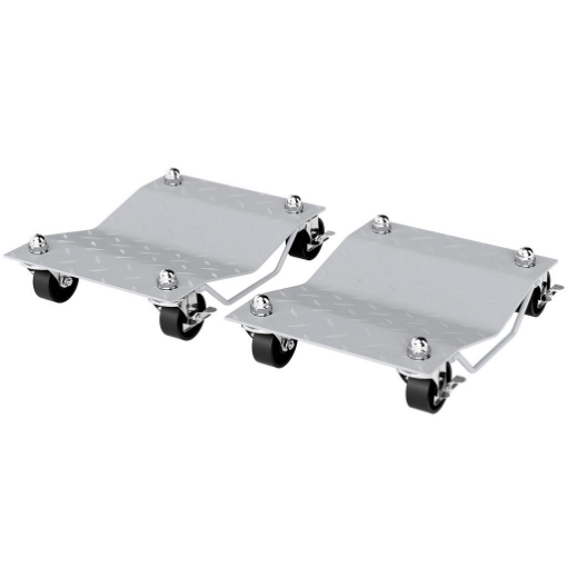 SET DI 2 CARRELLI SPOSTA AUTO IN METALLO ANTISCIVOLO CON RUOTE GIREVOLI E BLOCCABILI, ARGENTO