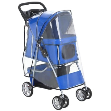 PASSEGGINO PER CANI PIEGHEVOLE CON COPERTURA ANTIPIOGGIA, RUOTE GIREVOLI E CUSCINO LAVABILE, BLU