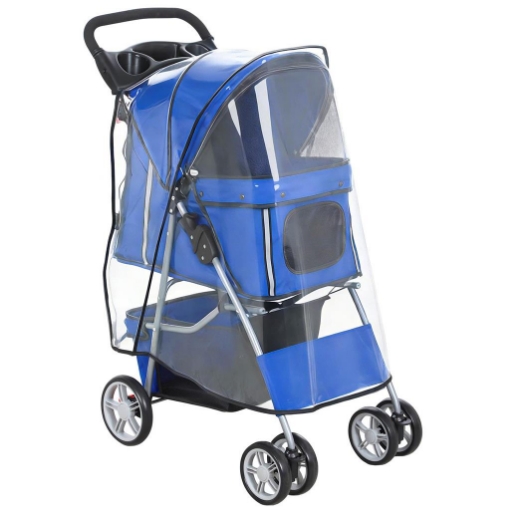 PASSEGGINO PER CANI PIEGHEVOLE CON COPERTURA ANTIPIOGGIA, RUOTE GIREVOLI E CUSCINO LAVABILE, BLU