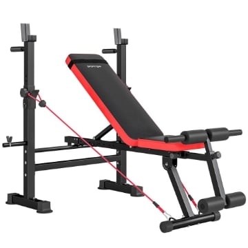 PANCA FITNESS CON RACK PER PESI, SCHIENALE E SEDILE REGOLABILI, DIP STATION, CAPACITÓ 420 KG