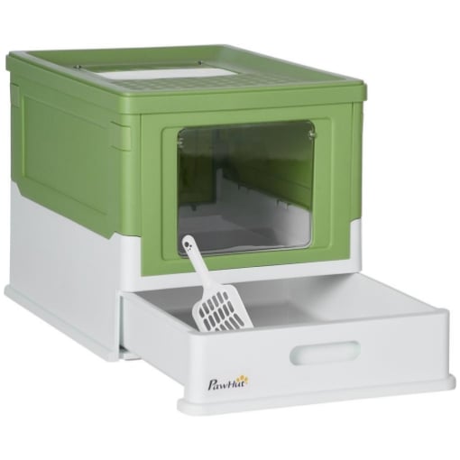 LETTIERA PER GATTI CHIUSA CON PALETTA, VASSOIO ESTRAIBILE E 2 PORTE, 47.5X35.5X36.7CM, VERDE CHIARO