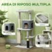 ALBERO PER GATTI MULTILIVELLO ALTO 132 CM CON CASETTA, LETTINO, PALI TIRAGRAFFI, SPAZZOLA E PALLINA, GRIGIO