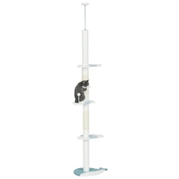 ALBERO TIRAGRAFFI PER GATTI A SOFFITTO CON PALO REGOLABILE DA 225-255 CM, PALLINA E PIATTAFORME, BIANCO