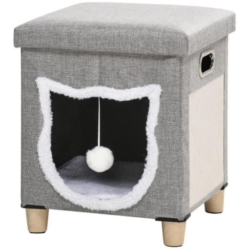 CASETTA PER GATTI CON TIRAGRAFFI, CUSCINO E PALLINA, IN LEGNO E POLIESTERE, 35.5X35.5X42.5 CM, CREMA E GRIGIO