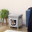 CASETTA PER GATTI CON TIRAGRAFFI, CUSCINO E PALLINA, IN LEGNO E POLIESTERE, 35.5X35.5X42.5 CM, CREMA E GRIGIO