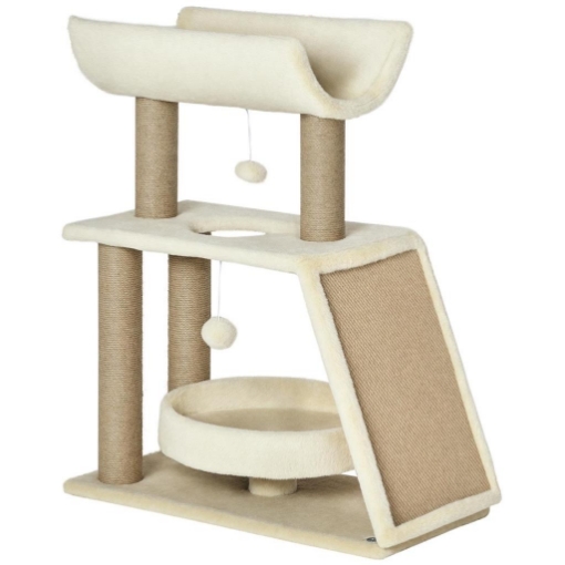 ALBERO TIRAGRAFFI PER GATTI CON LETTINO, CUCCIA E TAPPETINO, IN LEGNO, PELUCHE E SISAL, 60X30X76 CM, MARRONE CHIARO