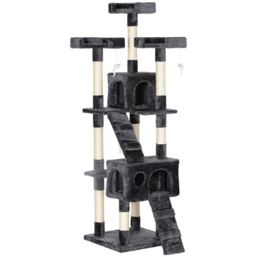 ALBERO TIRAGRAFFI PER GATTI CON 3 POSATOI, 2 CASETTE E GIOCHI APPESI, IN LEGNO E PELUCHE, 49X49X173 CM, GRIGIO