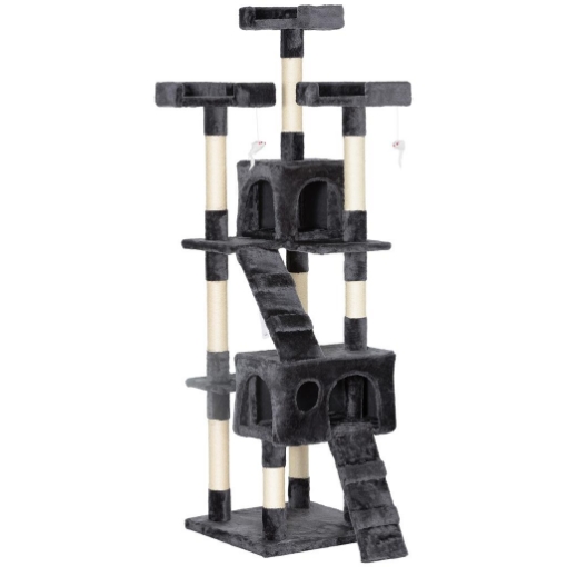 ALBERO TIRAGRAFFI PER GATTI CON 3 POSATOI, 2 CASETTE E GIOCHI APPESI, IN LEGNO E PELUCHE, 49X49X173 CM, GRIGIO