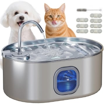 FONTANELLA PER GATTO DA 7L CON LUCE LED E SPAZZOLA, IN ACCIAIO INOX 304, 32X22.1X22.3 CM, ARGENTO