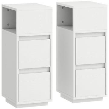 SET DI 2 COMODINI CON 2 CASSETTI E RIPIANO APERTO MODERNI E SALVASPAZIO, 25X30X65 CM, BIANCO