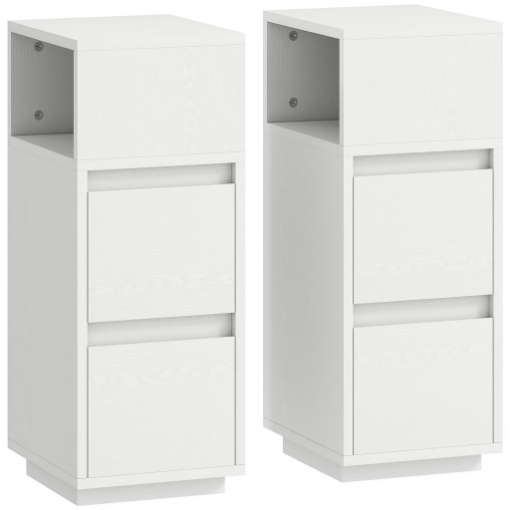 SET DI 2 COMODINI CON 2 CASSETTI E RIPIANO APERTO MODERNI E SALVASPAZIO, 25X30X65 CM, BIANCO