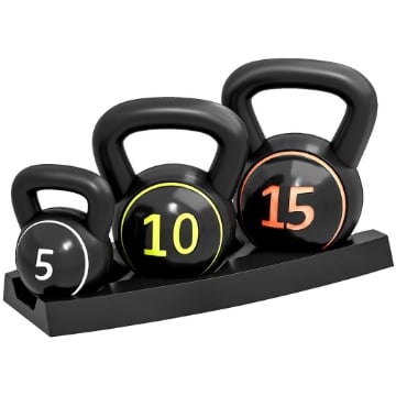 SET 3 KETTLEBELL DA 2.2 KG, 4.5 KG E 6.8 KG CON BASE PIATTA E PORTAPESI, IN PLASTICA E SABBIA, NERO