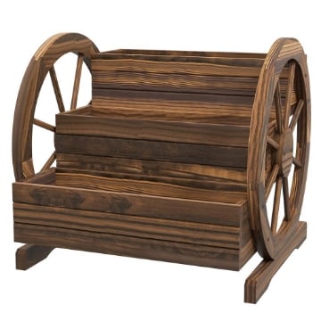FIORIERA DA ESTERNO A 3 LIVELLI CON RUOTE DECORATIVE IN LEGNO DI ABETE CARBONIZZATO, 62X61X57 CM