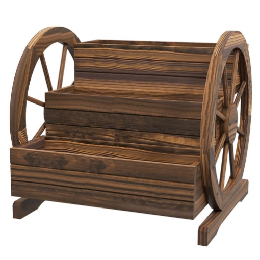 FIORIERA DA ESTERNO A 3 LIVELLI CON RUOTE DECORATIVE IN LEGNO DI ABETE CARBONIZZATO, 62X61X57 CM