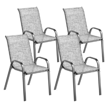 SET 4 SEDIE DA GIARDINO IMPILABILI CON BRACCIOLI CURVI, IN ACCIAIO E TESSUTO TRASPIRANTE, 54X71X93 CM, GRIGIO