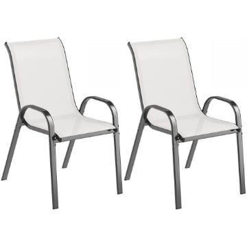 SET 2 SEDIE DA GIARDINO IMPILABILI CON BRACCIOLI CURVI, IN ACCIAIO E TESSUTO TRASPIRANTE, 54X71X93 CM, GRIGIO CHIARO