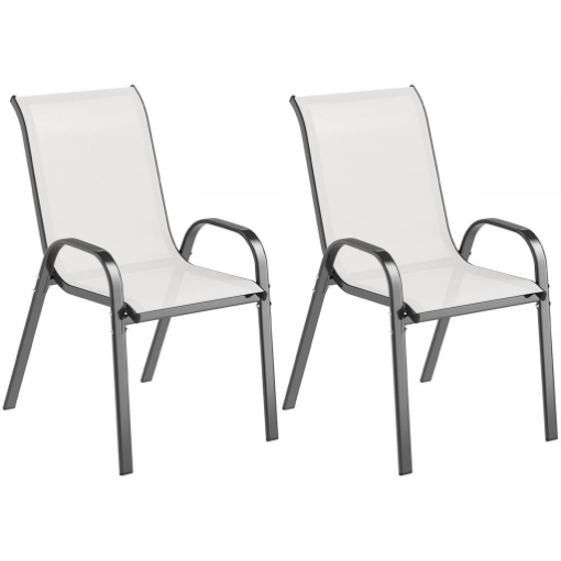 SET 2 SEDIE DA GIARDINO IMPILABILI CON BRACCIOLI CURVI, IN ACCIAIO E TESSUTO TRASPIRANTE, 54X71X93 CM, GRIGIO CHIARO