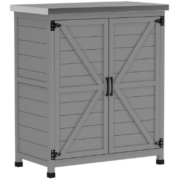 ARMADIO DA ESTERNO CON RIPIANO E BANCO DA LAVORO IN LEGNO E ACCIAIO, 79X43X92 CM, GRIGIO