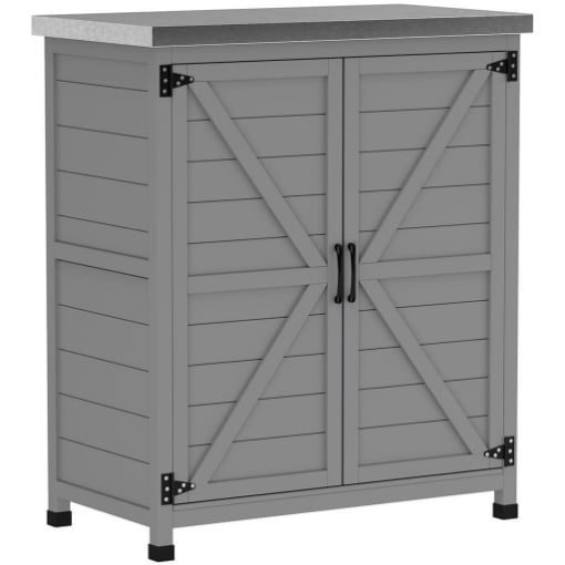 ARMADIO DA ESTERNO CON RIPIANO E BANCO DA LAVORO IN LEGNO E ACCIAIO, 79X43X92 CM, GRIGIO