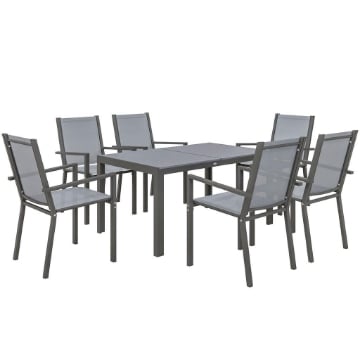 SET DA GIARDINO CON 6 SEDIE IMPILABILI E TAVOLO DA PRANZO RETTANGOLARE, GRIGIO CHIARO