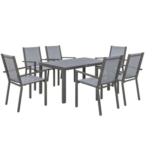 SET DA GIARDINO CON 6 SEDIE IMPILABILI E TAVOLO DA PRANZO RETTANGOLARE, GRIGIO CHIARO