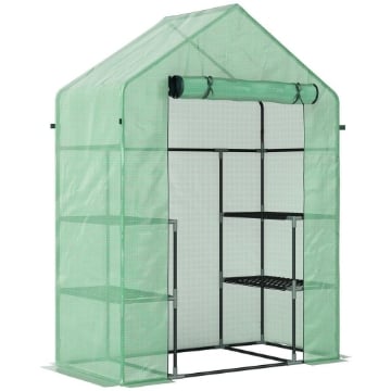 SERRA DA GIARDINO CON 2 MENSOLE A 3 LIVELLI E INGRESSO A ZIP, IN ACCIAIO E PE, 142X73X195 CM, VERDE